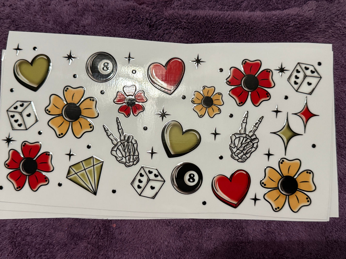Hearts, diamonds, dice, eight ball, peace sign