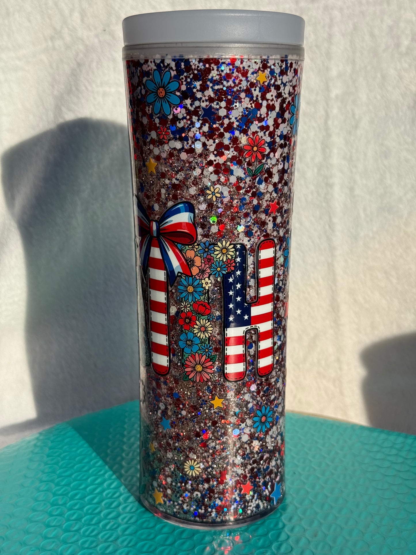 READY TO SHIP - 25oz acrylic snowglobe cup - glow in the dark flip top straw lid - Faith/patriotic