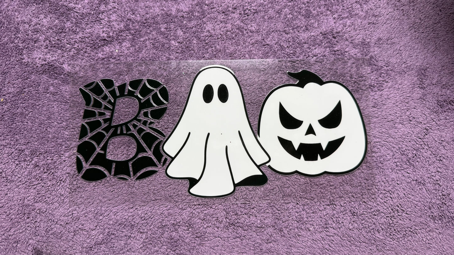 Halloween: BOO, webs, ghost, pumpkin