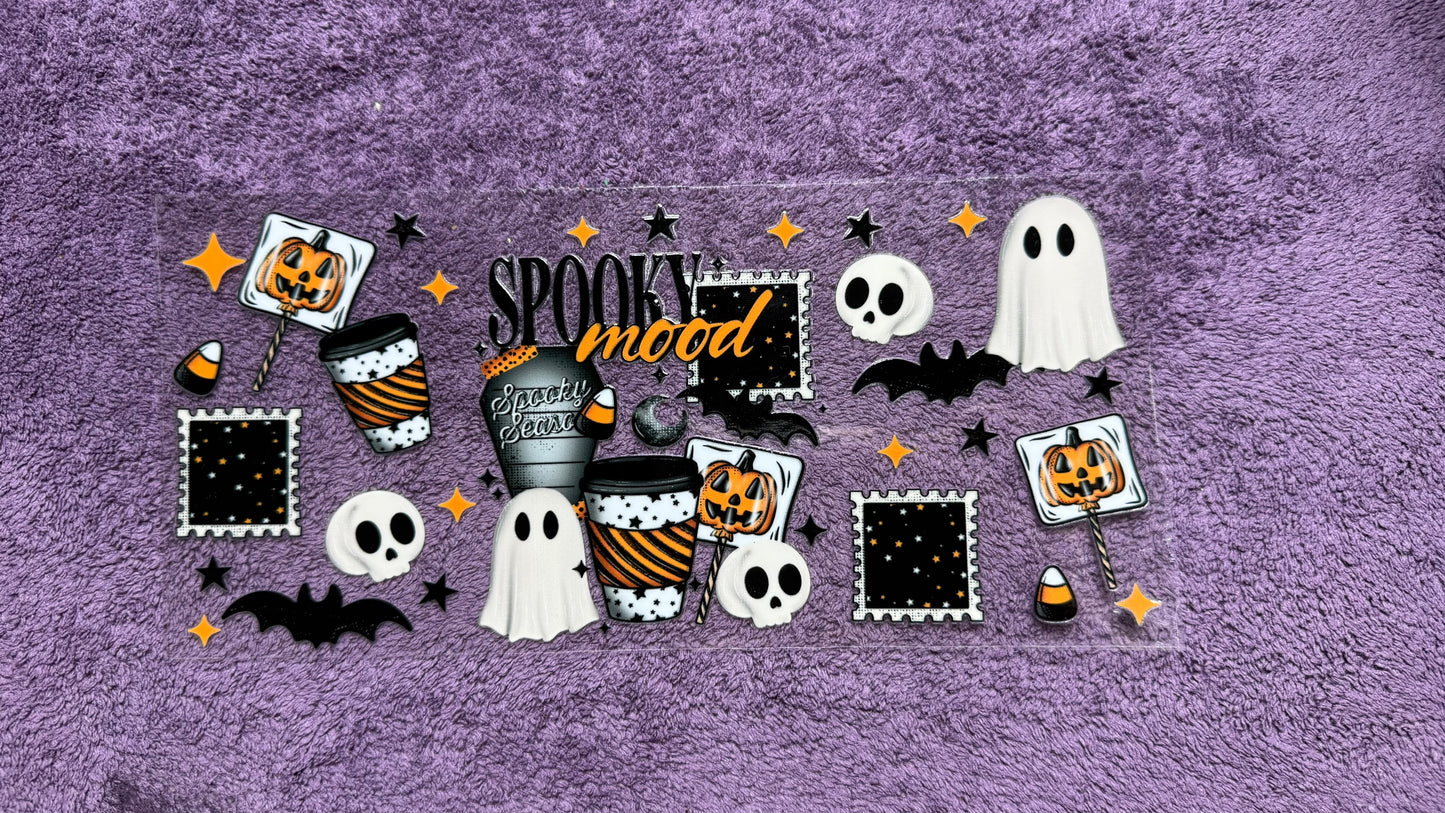 Halloween: spooky mood, ghosts, pumpkins, skulls, bats, coffee
