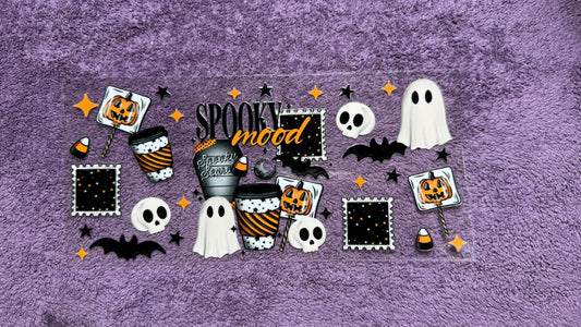 Halloween: spooky mood, ghosts, pumpkins, skulls, bats, coffee