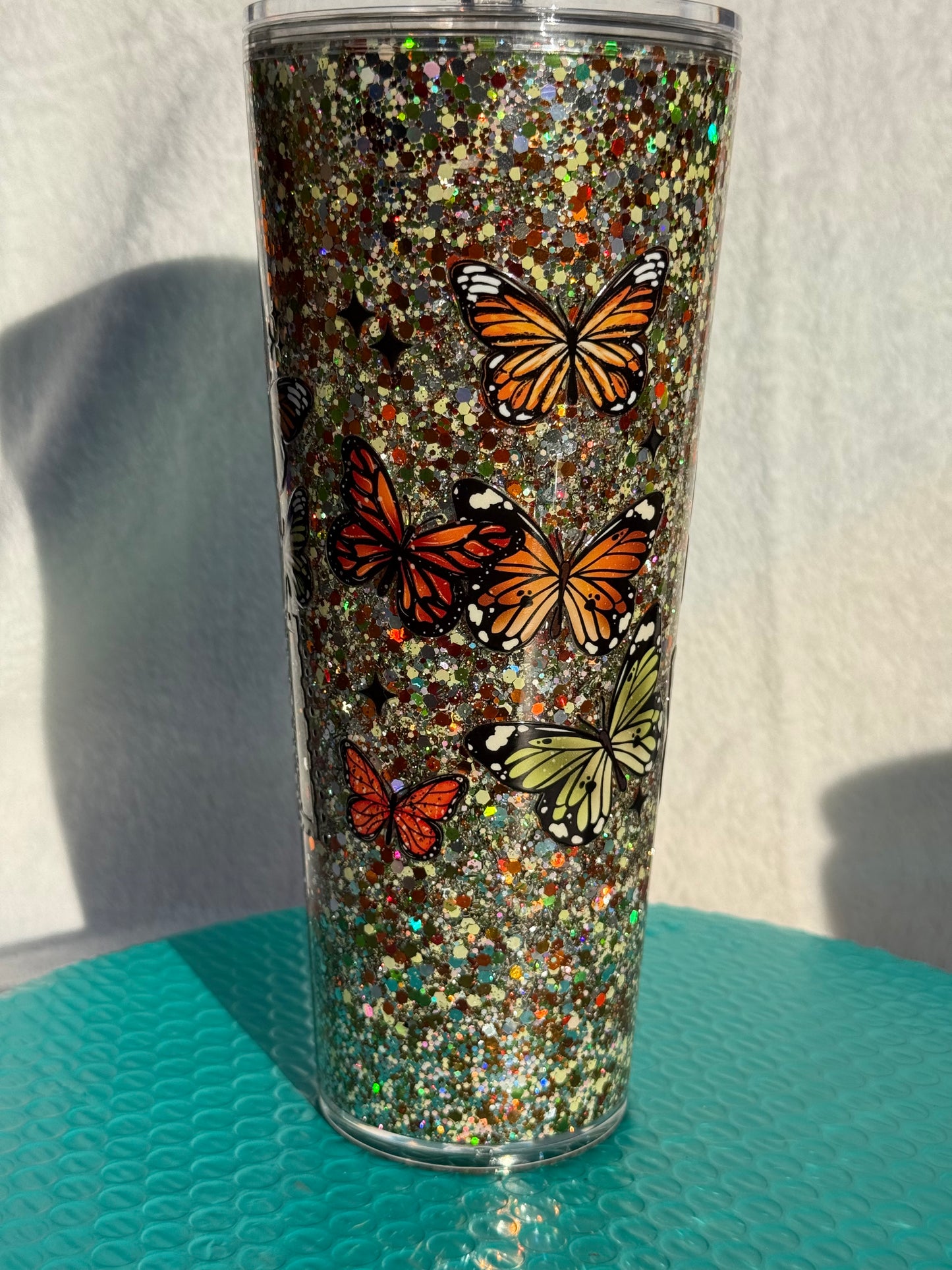 READY TO SHIP - 24oz acrylic snowglobe cup - Wild and Free butterflies