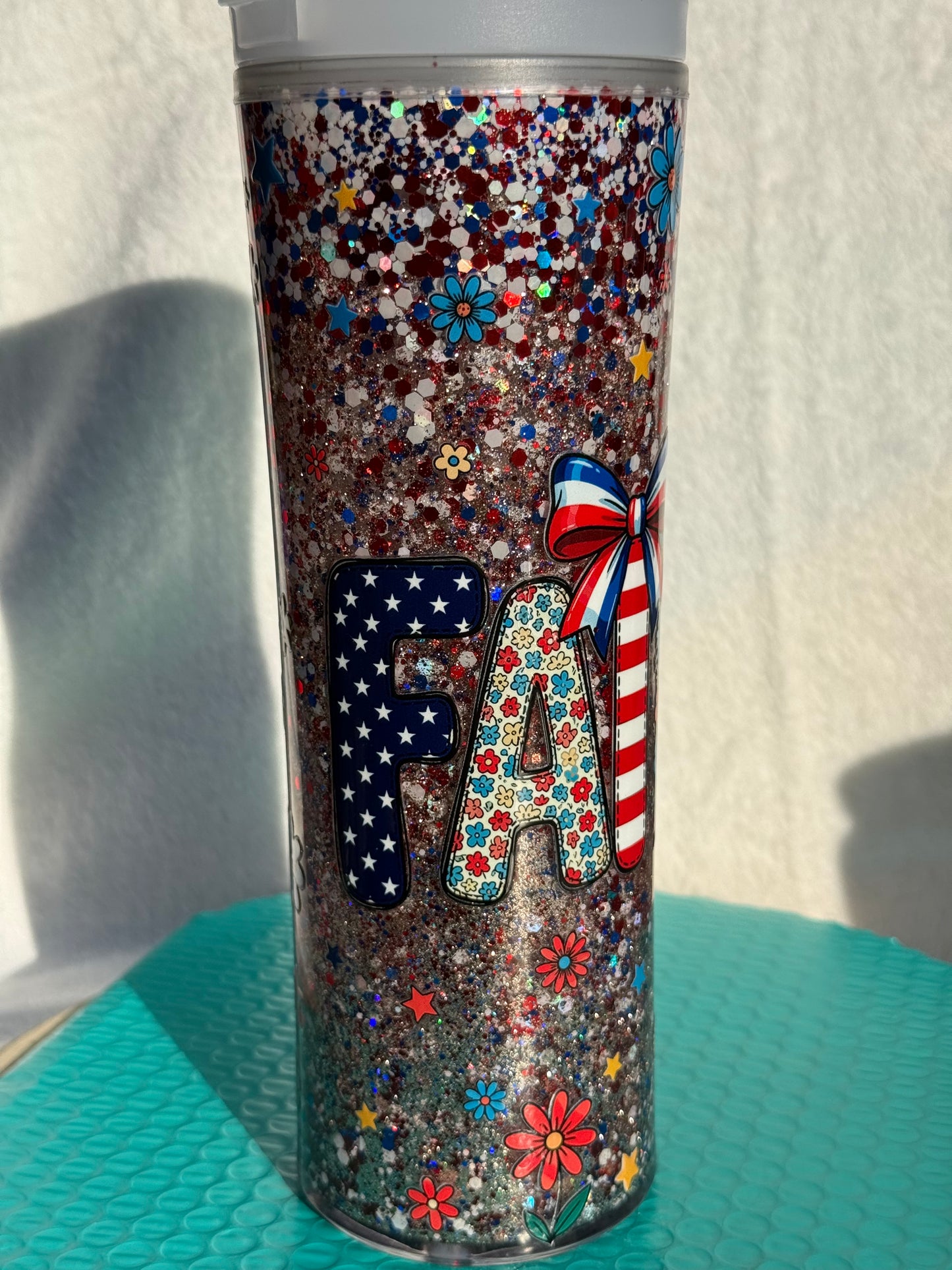 READY TO SHIP - 25oz acrylic snowglobe cup - glow in the dark flip top straw lid - Faith/patriotic