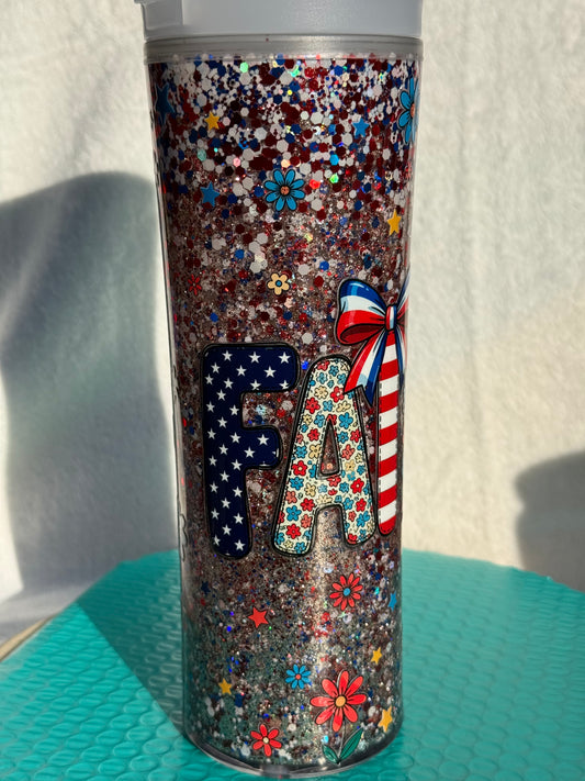 READY TO SHIP - 25oz acrylic snowglobe cup - glow in the dark flip top straw lid - Faith/patriotic
