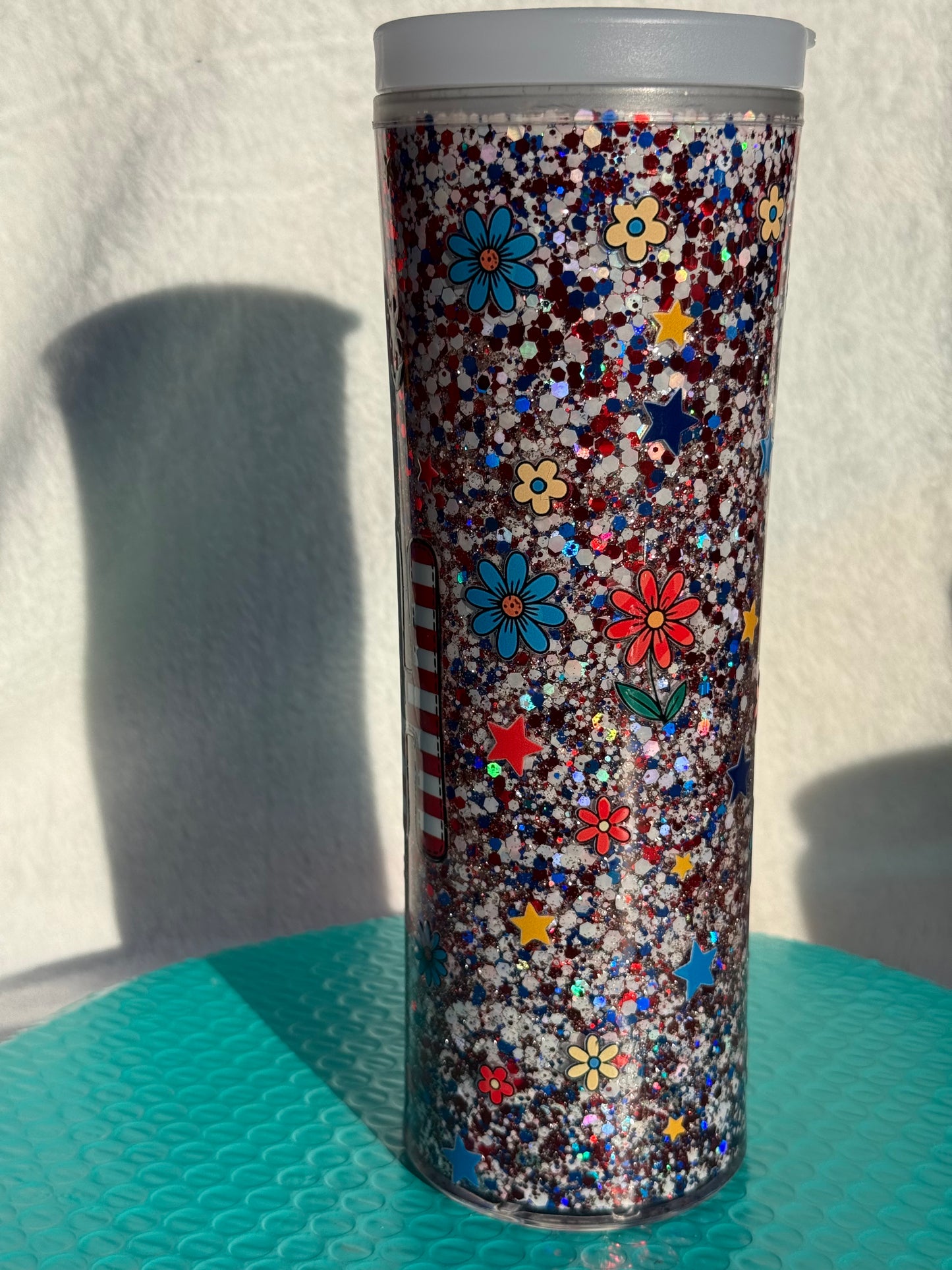 READY TO SHIP - 25oz acrylic snowglobe cup - glow in the dark flip top straw lid - Faith/patriotic