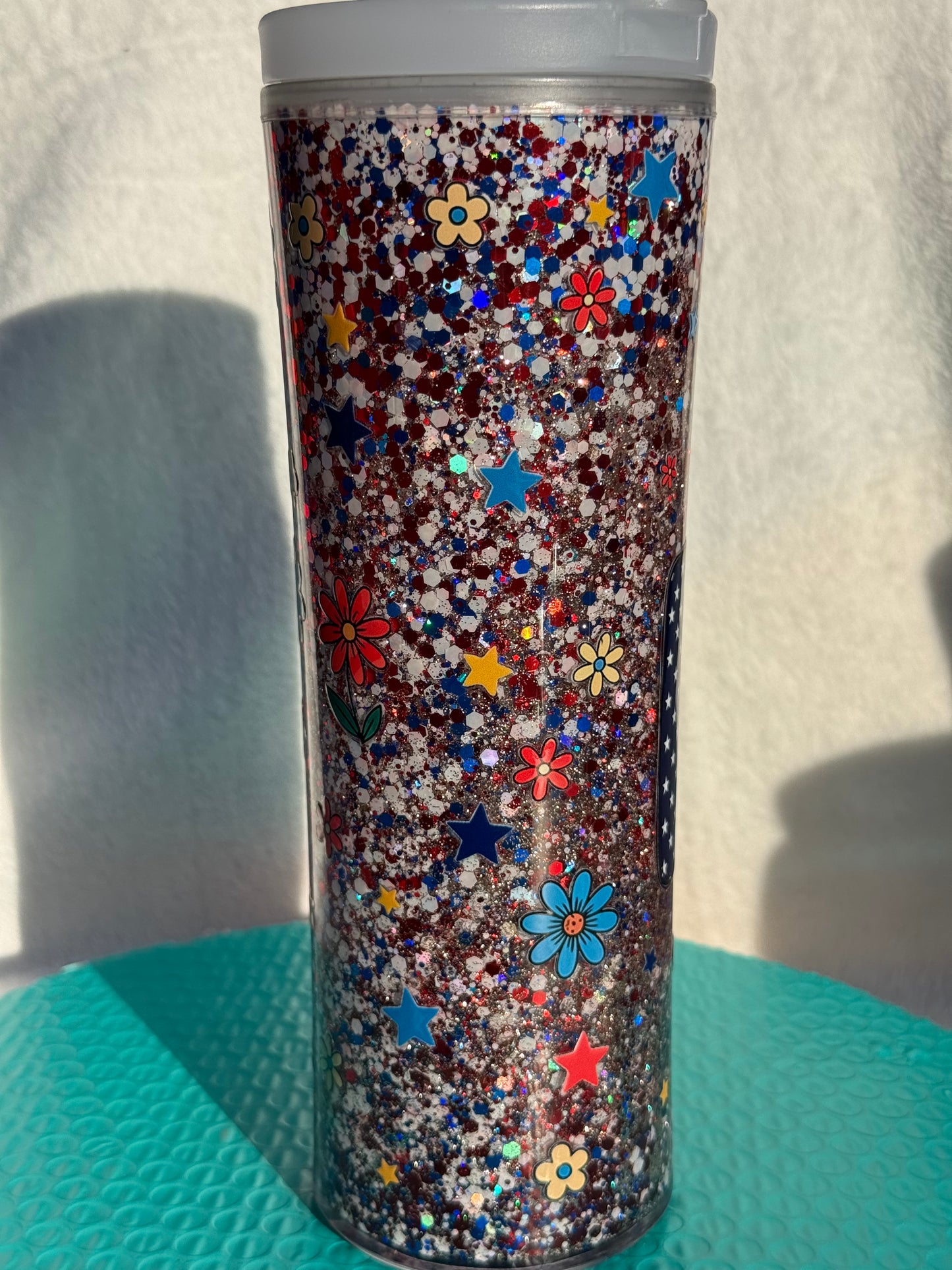 READY TO SHIP - 25oz acrylic snowglobe cup - glow in the dark flip top straw lid - Faith/patriotic