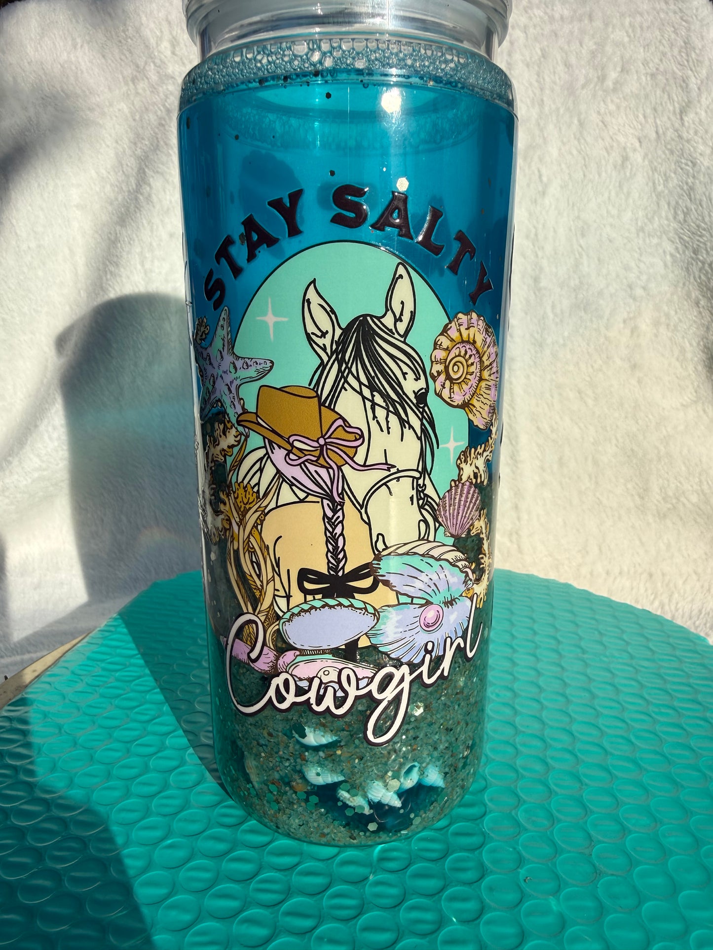 READY TO SHIP - 20oz handled acrylic snowglobe cup - stay salty cowgirl beach cup