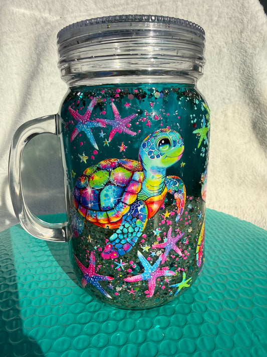 READY TO SHIP - 20oz handled mason jar acrylic snowglobe cup - Turtle and starfish beach cup