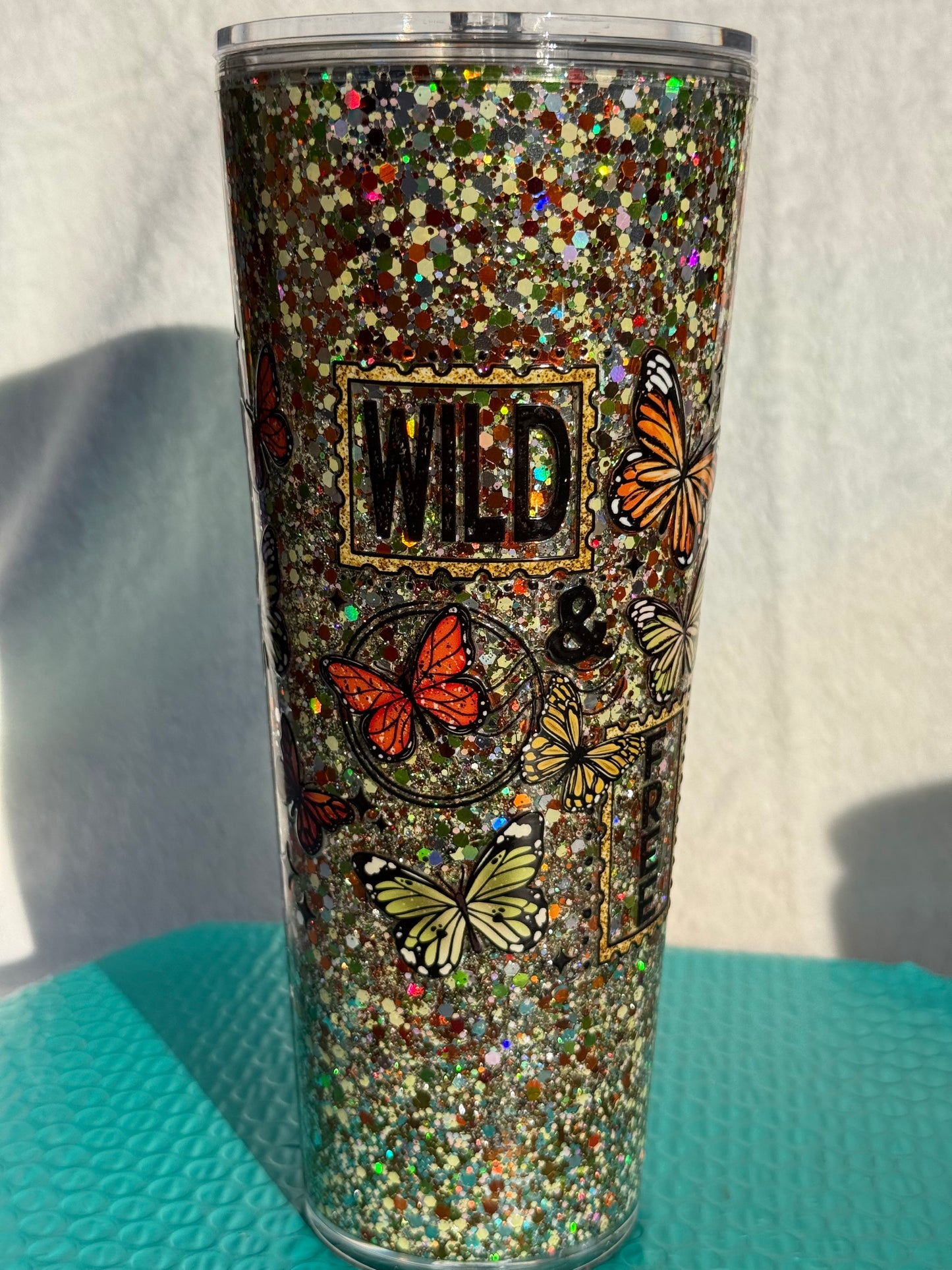 READY TO SHIP - 24oz acrylic snowglobe cup - Wild and Free butterflies
