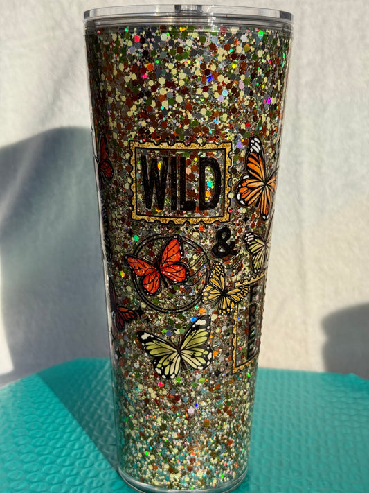 READY TO SHIP - 24oz acrylic snowglobe cup - Wild and Free butterflies