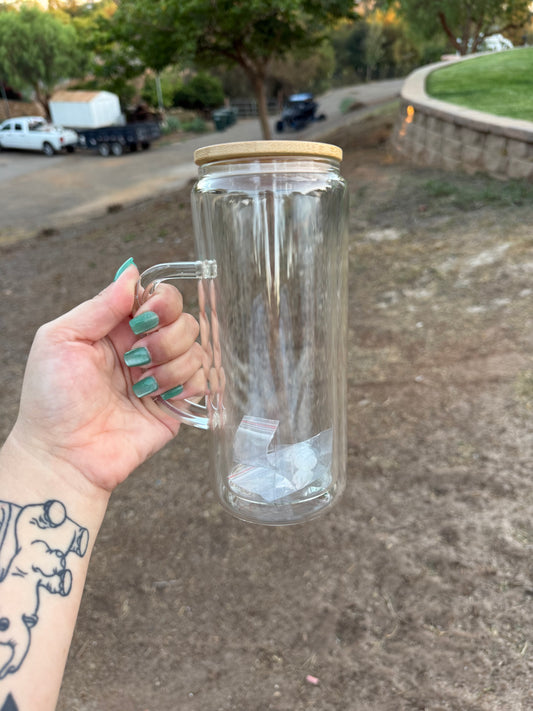 20 oz handled GLASS snow globe tumbler