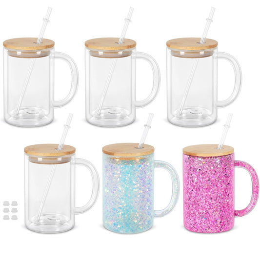 16 oz handled GLASS snow globe tumbler