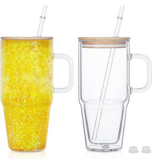 32 oz handled GLASS snow globe tumbler