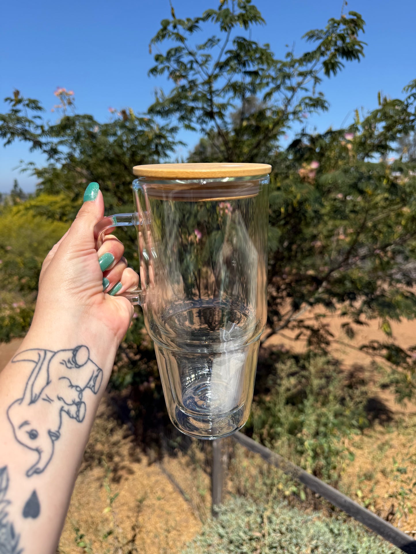 32 oz handled GLASS snow globe tumbler