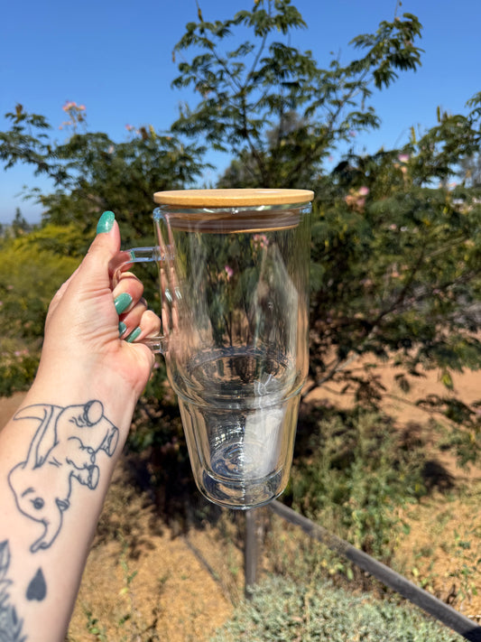 32 oz handled GLASS snow globe tumbler