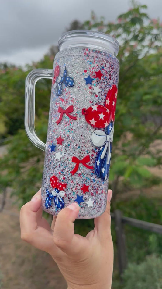 READY TO SHIP 20OZ handled acrylic snowglobe cup - red, white and blue balloon dog